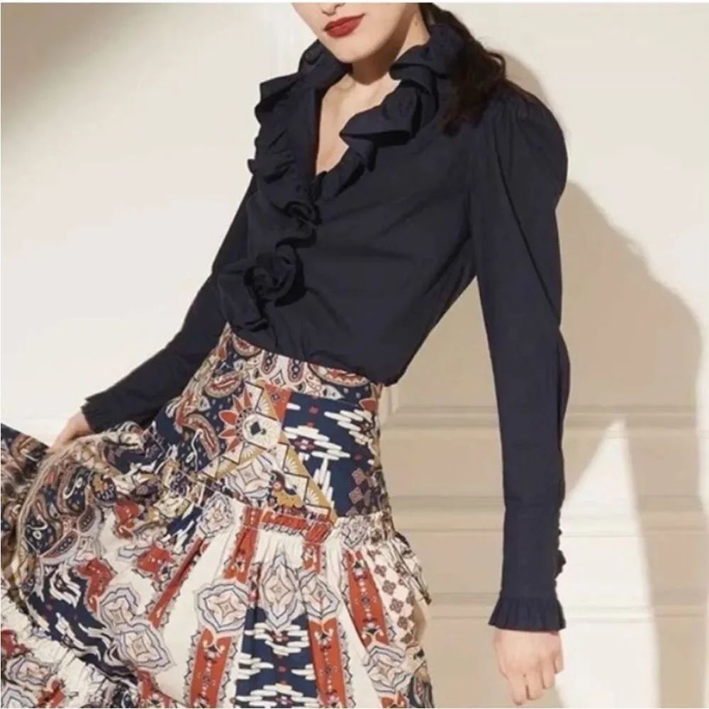 Cara Cara Blouse Anne Ruffle Long Sleeve Navy Evening Blue Sz XS
